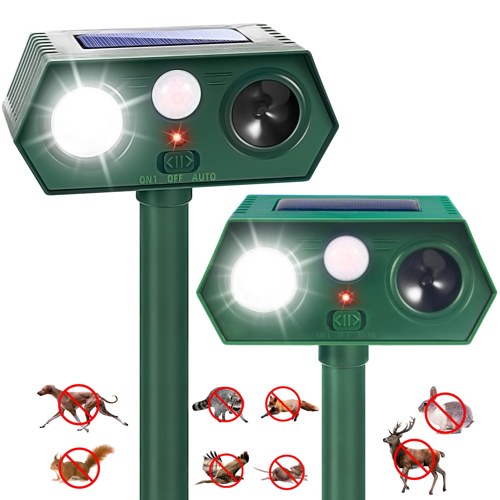 2Pack Solar Ultrasonic Animal Repellent Outdoor Cat Solar Animal Repeller with Motion Sensor&LED Flashlight Deer Repellent Devices to Scare Raccon Fox Rabbit Squirrel Skunk Repellent for Yard