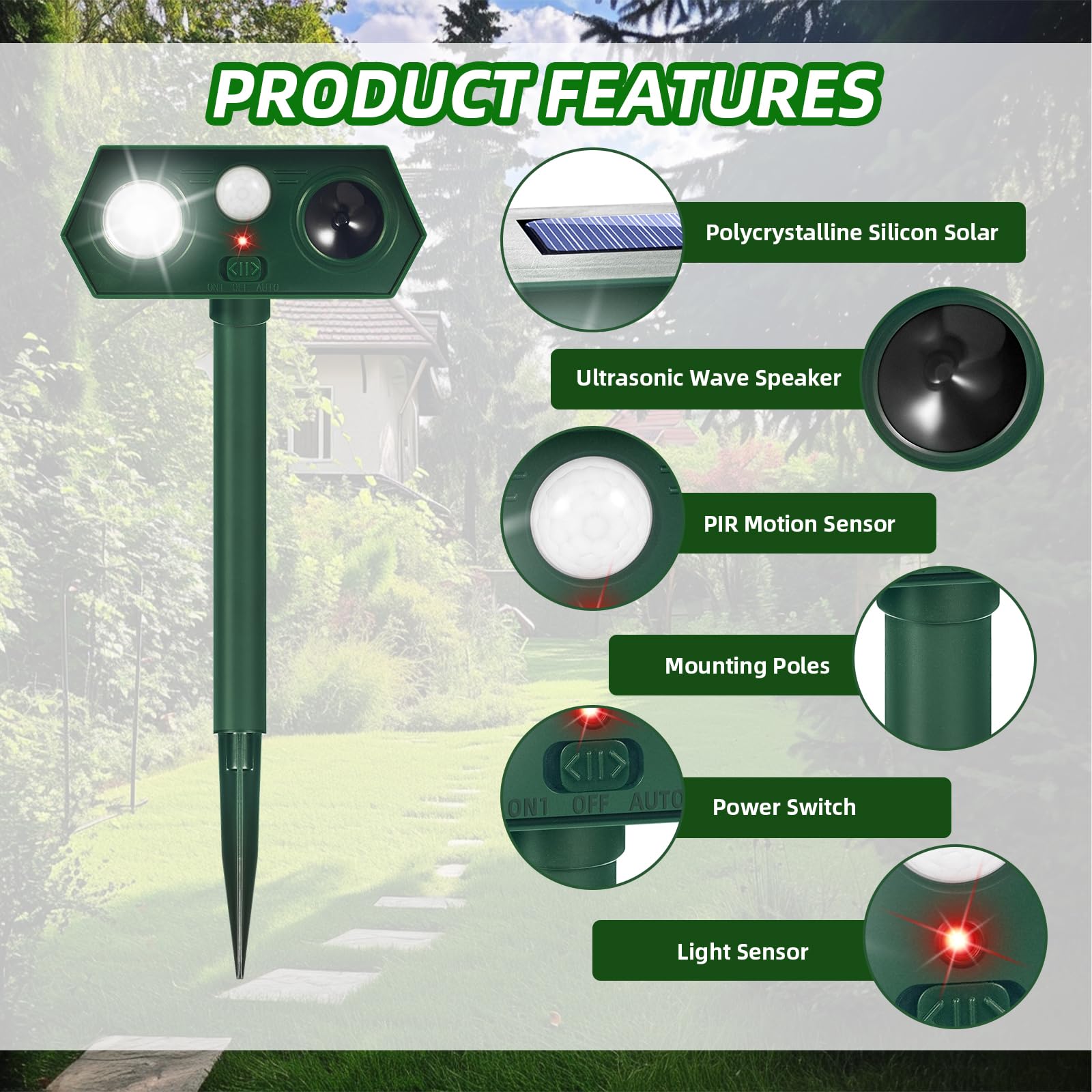 2Pack Solar Ultrasonic Animal Repellent Outdoor Cat Solar Animal Repeller with Motion Sensor&LED Flashlight Deer Repellent Devices to Scare Raccon Fox Rabbit Squirrel Skunk Repellent for Yard