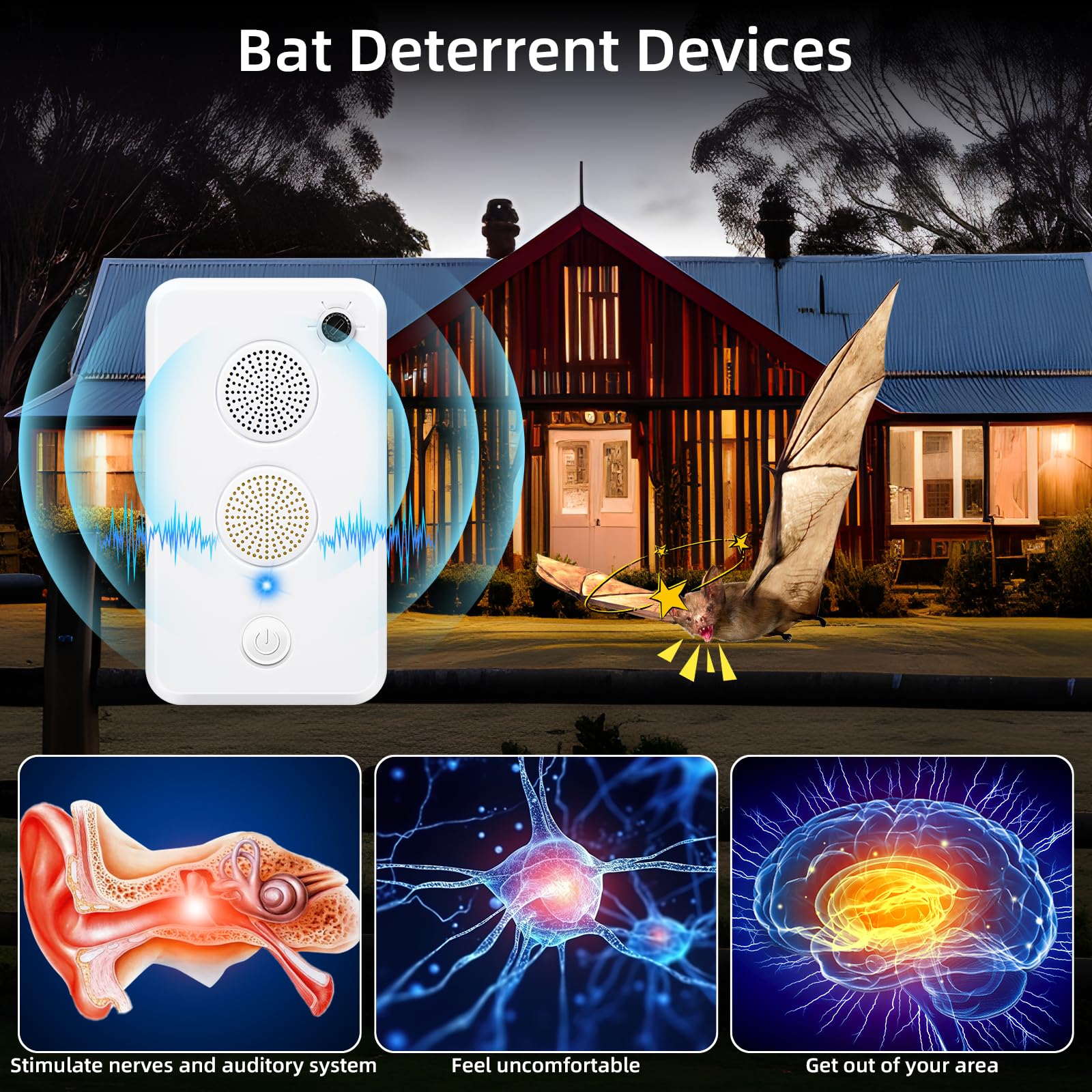 Ultrasonic Bat Repellent Devices for Attic Porch House,Adjustable Bat Deterrent System,Rechargeable Bats Exclusion Device for Indoor Outdoor Use,Friendly to Human and Pet,2 Pack