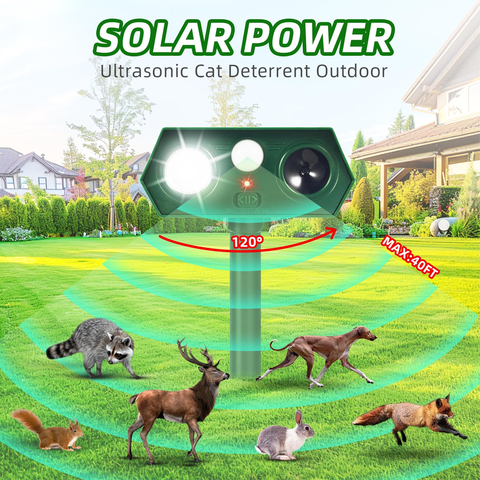 2Pack Solar Ultrasonic Animal Repellent Outdoor Cat Solar Animal Repeller with Motion Sensor&LED Flashlight Deer Repellent Devices to Scare Raccon Fox Rabbit Squirrel Skunk Repellent for Yard