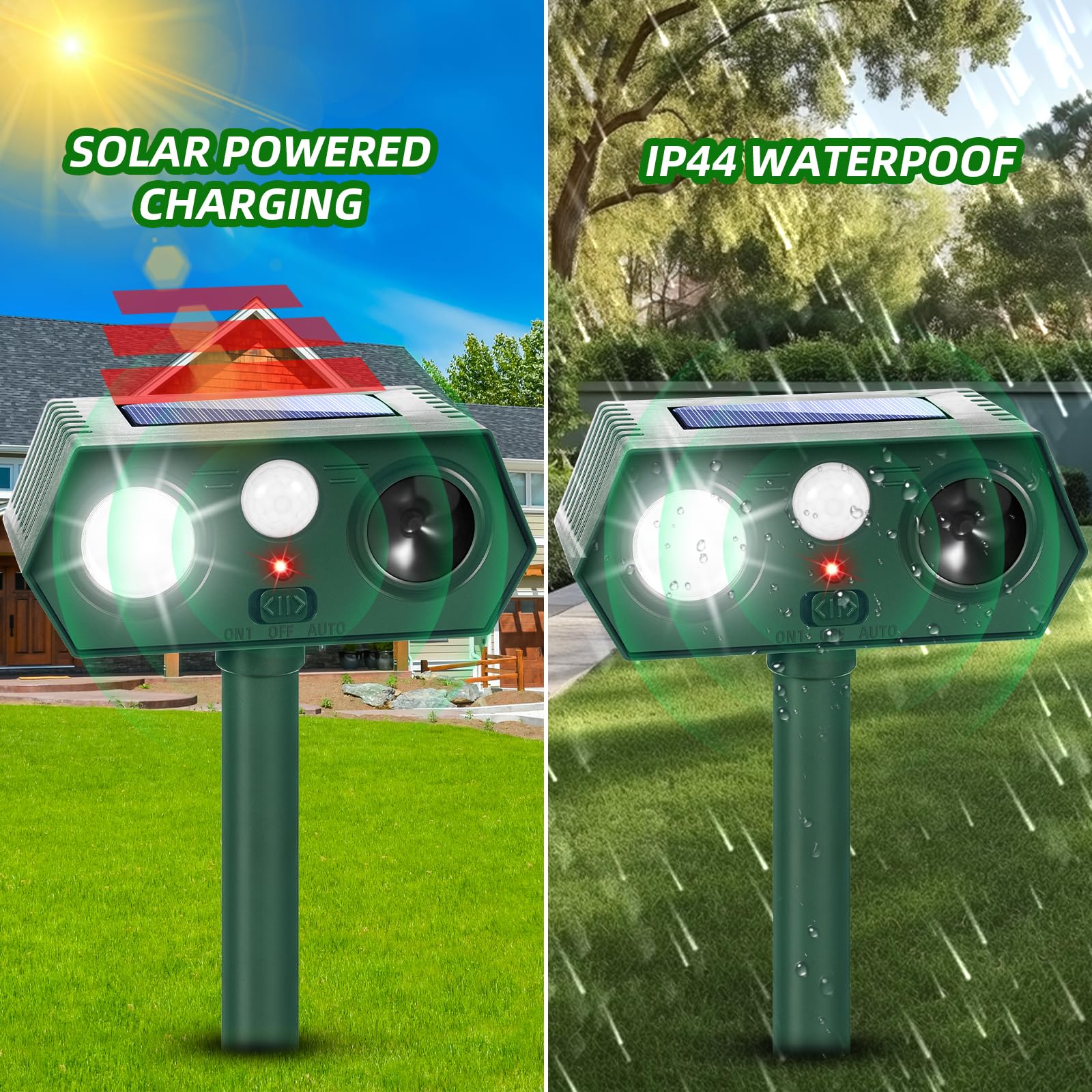 2Pack Solar Ultrasonic Animal Repellent Outdoor Cat Solar Animal Repeller with Motion Sensor&LED Flashlight Deer Repellent Devices to Scare Raccon Fox Rabbit Squirrel Skunk Repellent for Yard