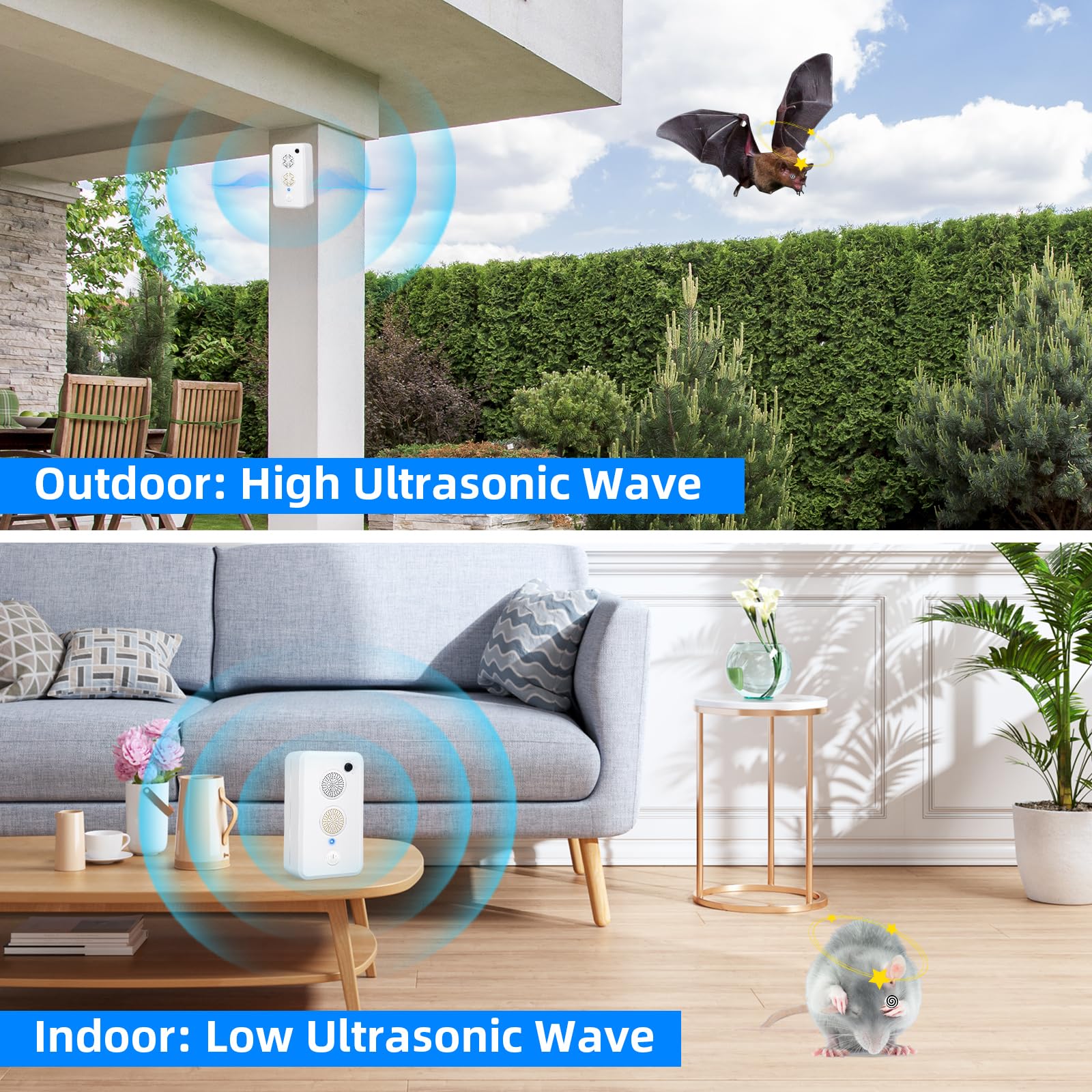 Ultrasonic Bat Repellent Devices for Attic Porch House,Adjustable Bat Deterrent System,Rechargeable Bats Exclusion Device for Indoor Outdoor Use,Friendly to Human and Pet,2 Pack