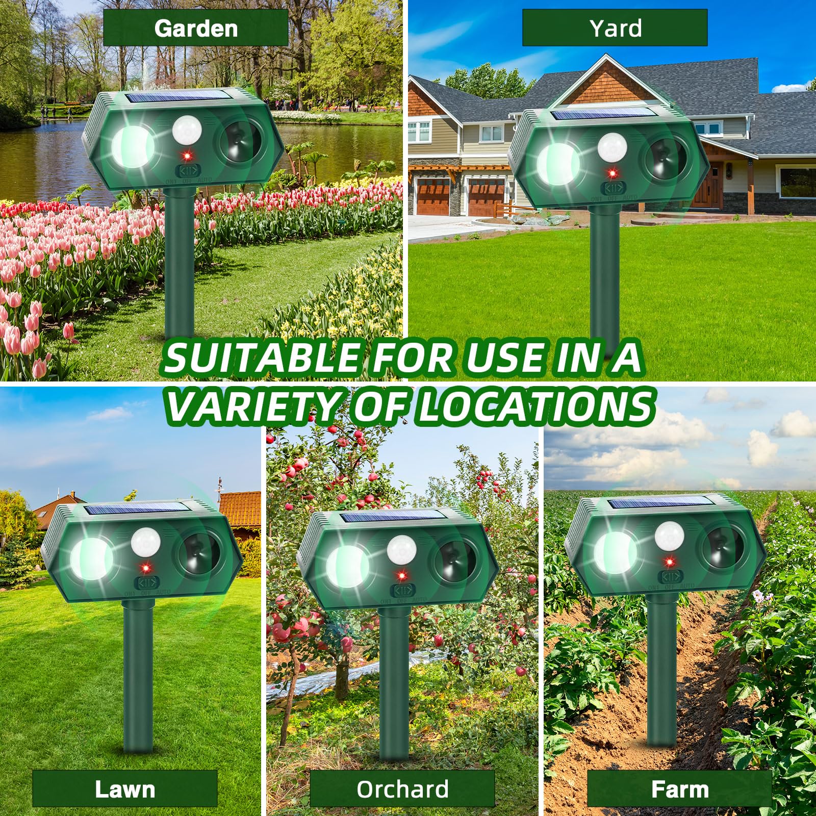 2Pack Solar Ultrasonic Animal Repellent Outdoor Cat Solar Animal Repeller with Motion Sensor&LED Flashlight Deer Repellent Devices to Scare Raccon Fox Rabbit Squirrel Skunk Repellent for Yard