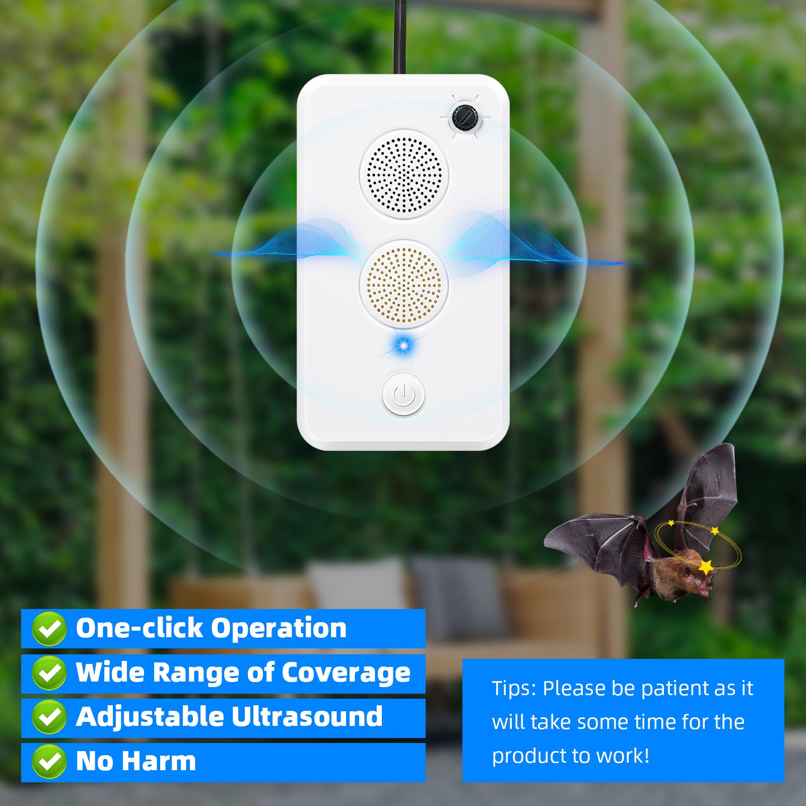 Ultrasonic Bat Repellent Devices for Attic Porch House,Adjustable Bat Deterrent System,Rechargeable Bats Exclusion Device for Indoor Outdoor Use,Friendly to Human and Pet,2 Pack