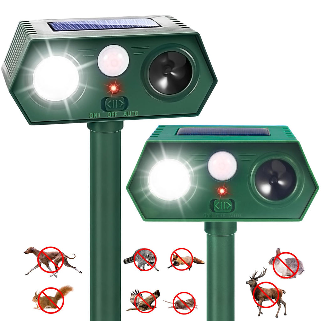 2Pack Solar Ultrasonic Animal Repellent Outdoor Cat Solar Animal Repeller with Motion Sensor&LED Flashlight Deer Repellent Devices to Scare Raccon Fox Rabbit Squirrel Skunk Repellent for Yard