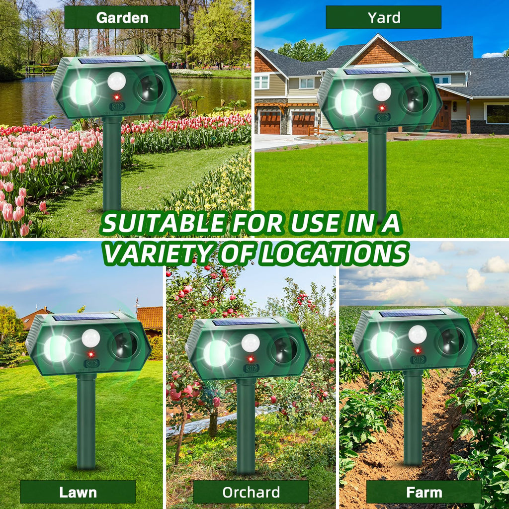 2Pack Solar Ultrasonic Animal Repellent Outdoor Cat Solar Animal Repeller with Motion Sensor&LED Flashlight Deer Repellent Devices to Scare Raccon Fox Rabbit Squirrel Skunk Repellent for Yard